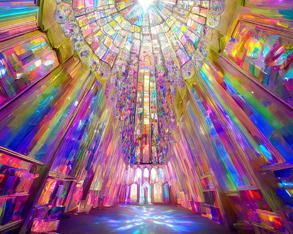 Colorful Stained Glass Windows and Central Light Illuminate Space