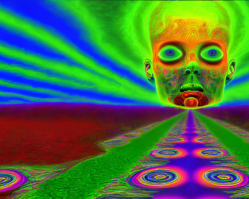 Colorful Surreal Face with Multiple Eyes in Psychedelic Landscape