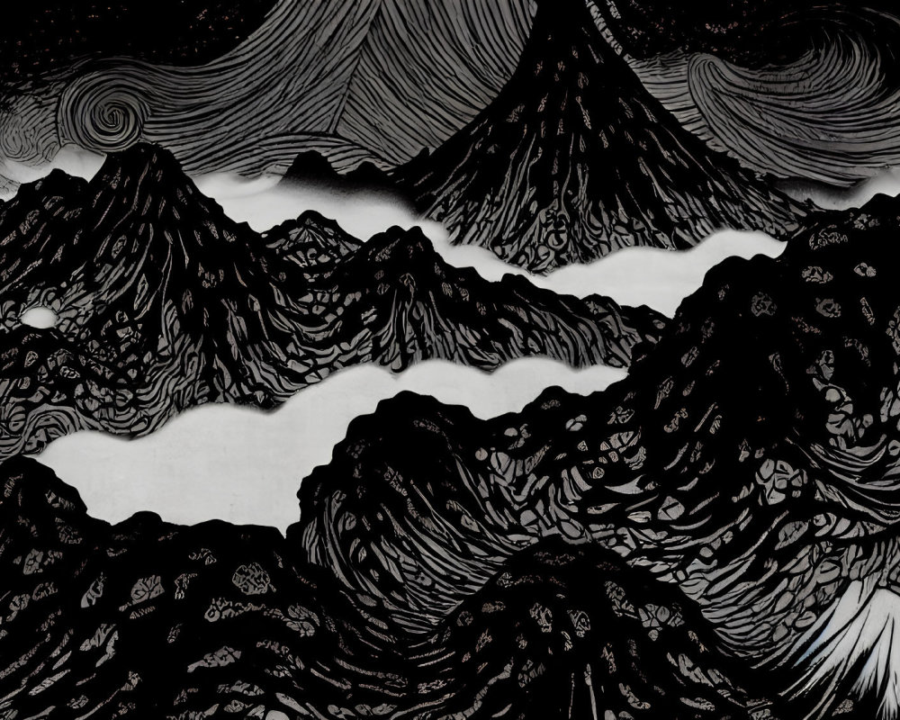Detailed monochrome mountain range illustration with swirling clouds.