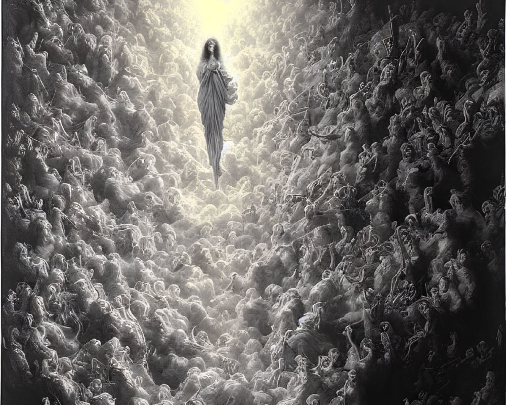 Monochrome surreal illustration of robed figure in crowd with radiant light