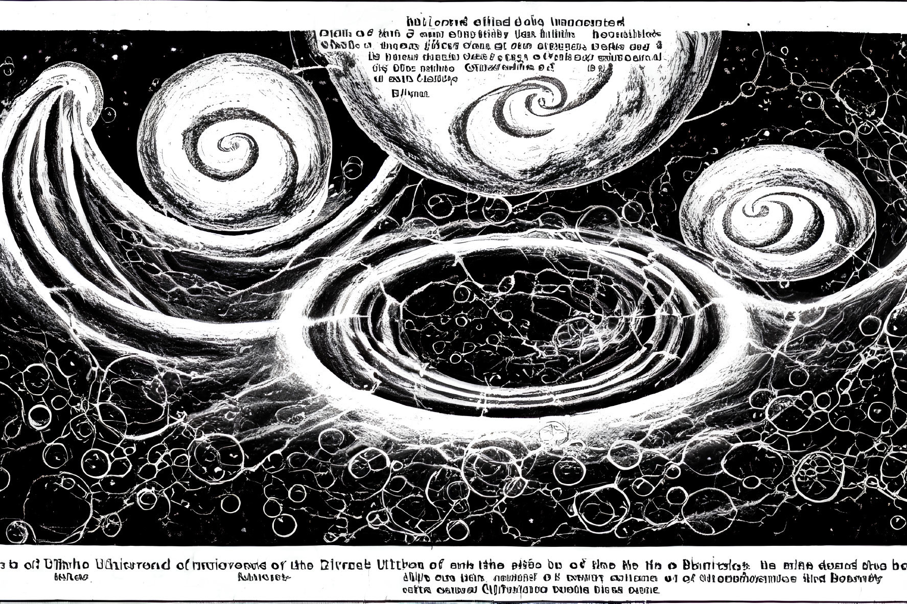Abstract black and white drawing with swirling patterns and circles of various sizes