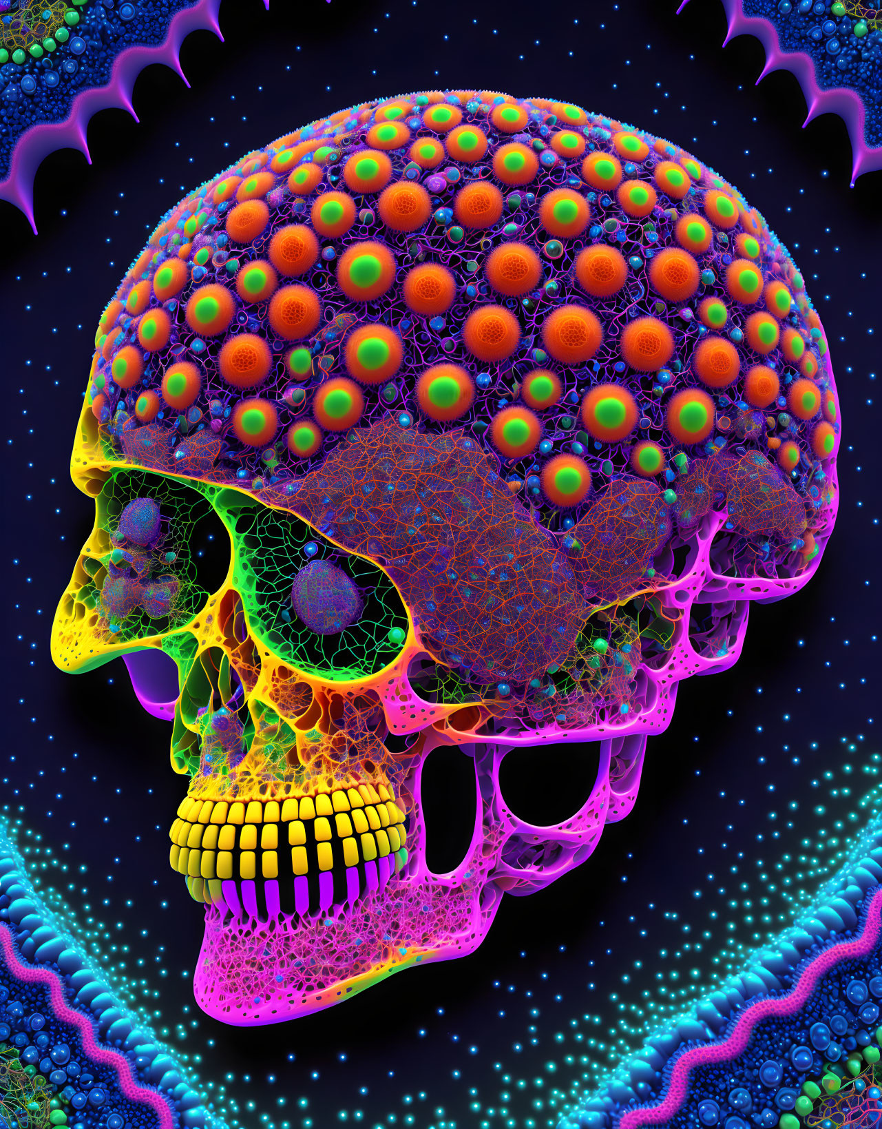 Colorful Psychedelic Human Skull Illustration with Neon Patterns on Dark Starry Background