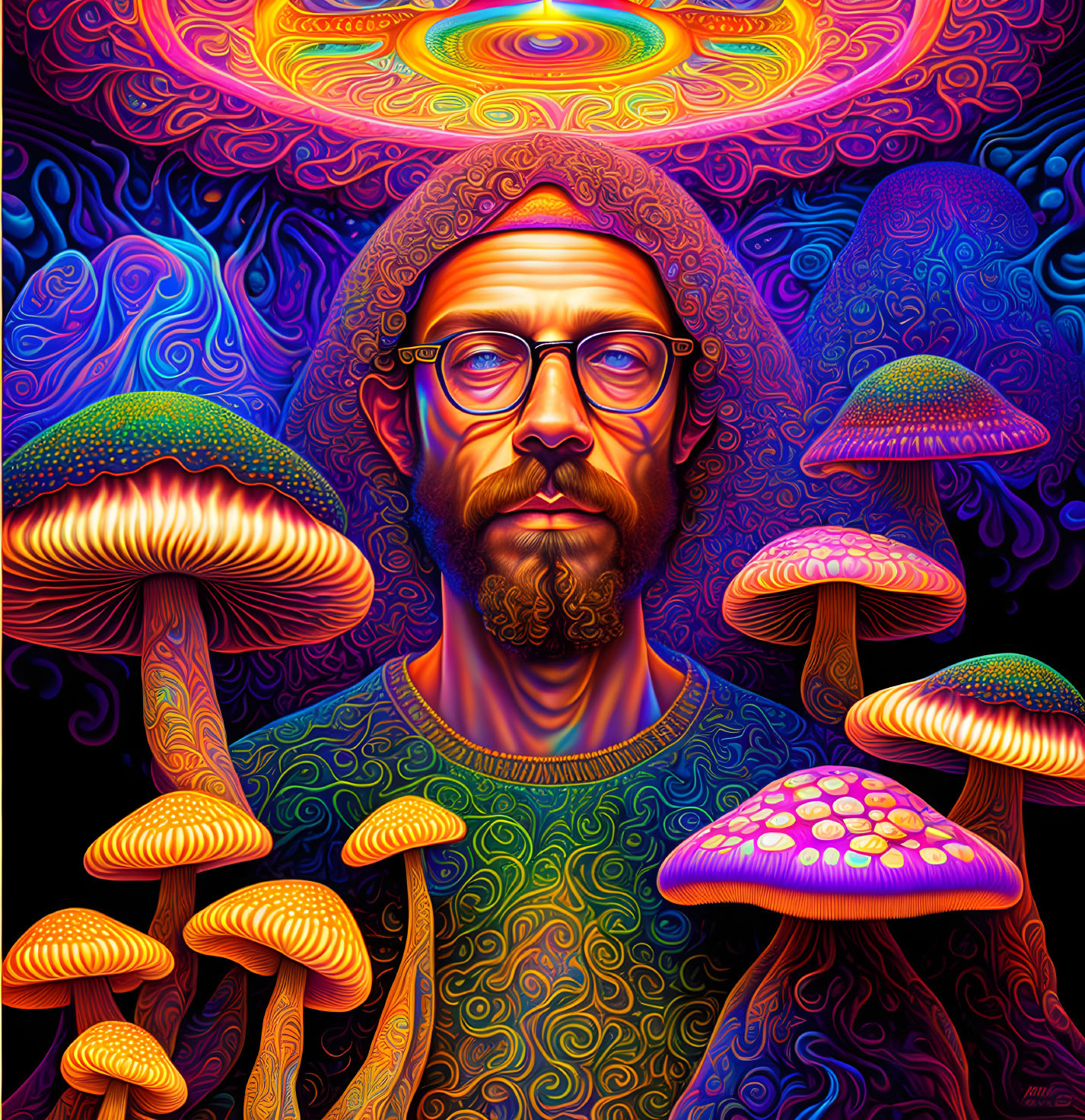 Colorful Psychedelic Portrait with Person in Glasses and Beard in Mandala Aura, Mushrooms,