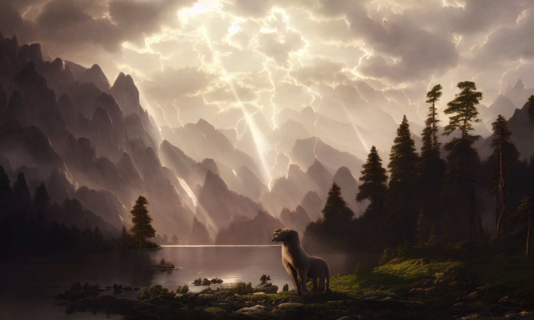 Serene lake, steep mountains, stormy sky, lightning bolts, lone creature, lush forest landscape