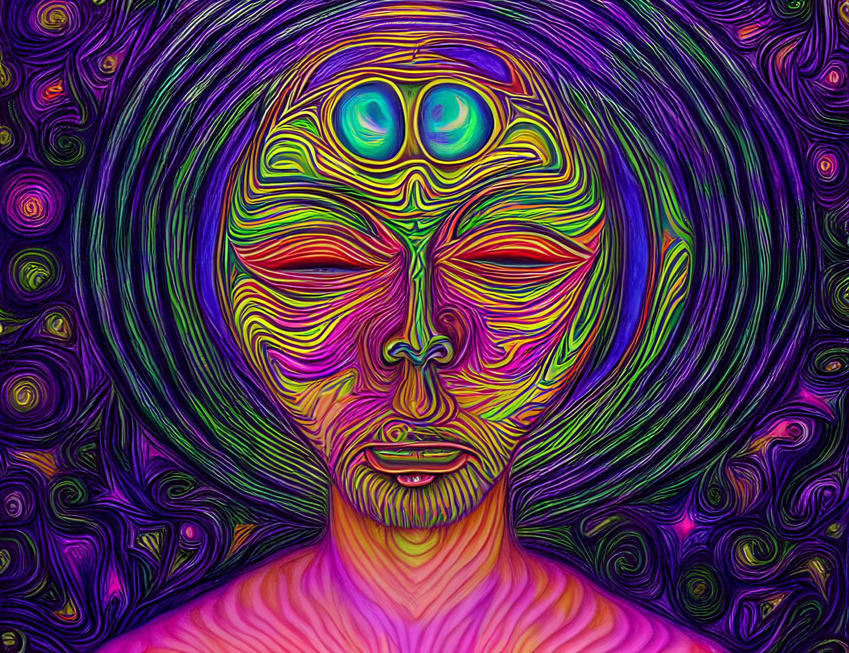 Colorful digital artwork: Human face with closed eyes and third eye, surrounded by psychedelic patterns