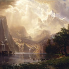 Serene lake, steep mountains, stormy sky, lightning bolts, lone creature, lush forest landscape