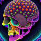 Colorful Psychedelic Human Skull Illustration with Neon Patterns on Dark Starry Background