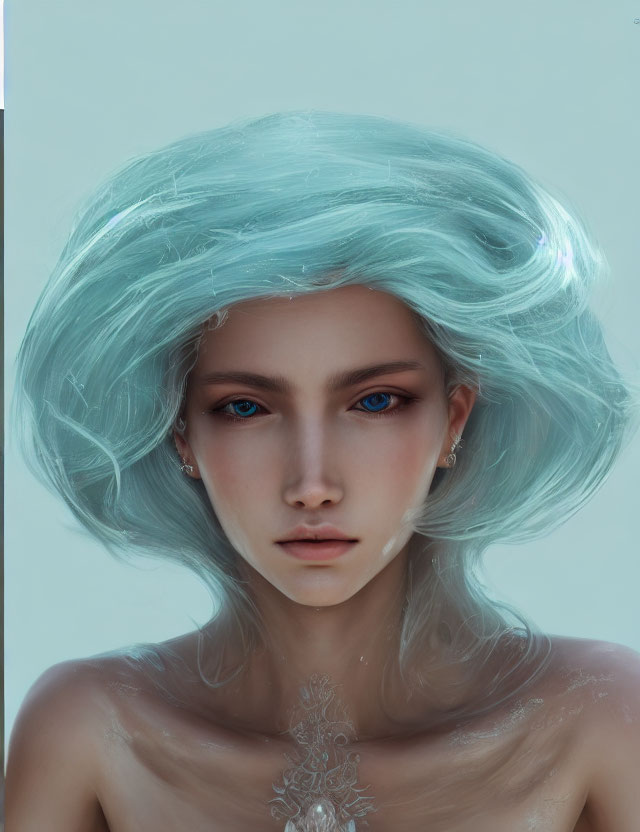 Digital Artwork: Person with Aqua Hair & Blue Eyes
