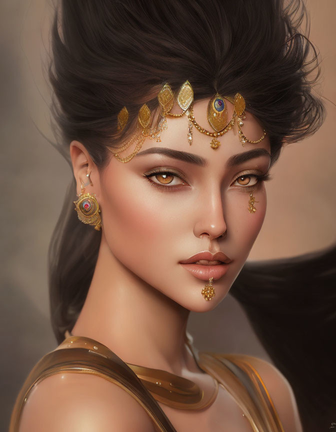 Digital artwork featuring woman with dramatic makeup and gold jewelry