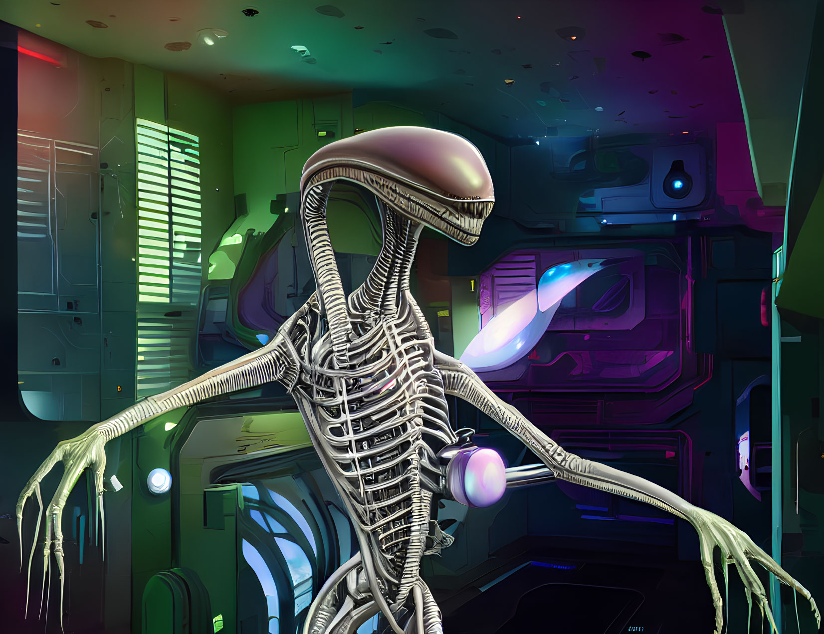 Biomechanical alien with exoskeleton in futuristic spaceship corridor