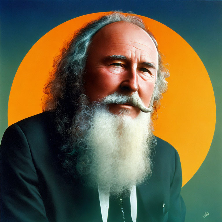Man with Long White Beard and Suit Against Circular Orange Backdrop