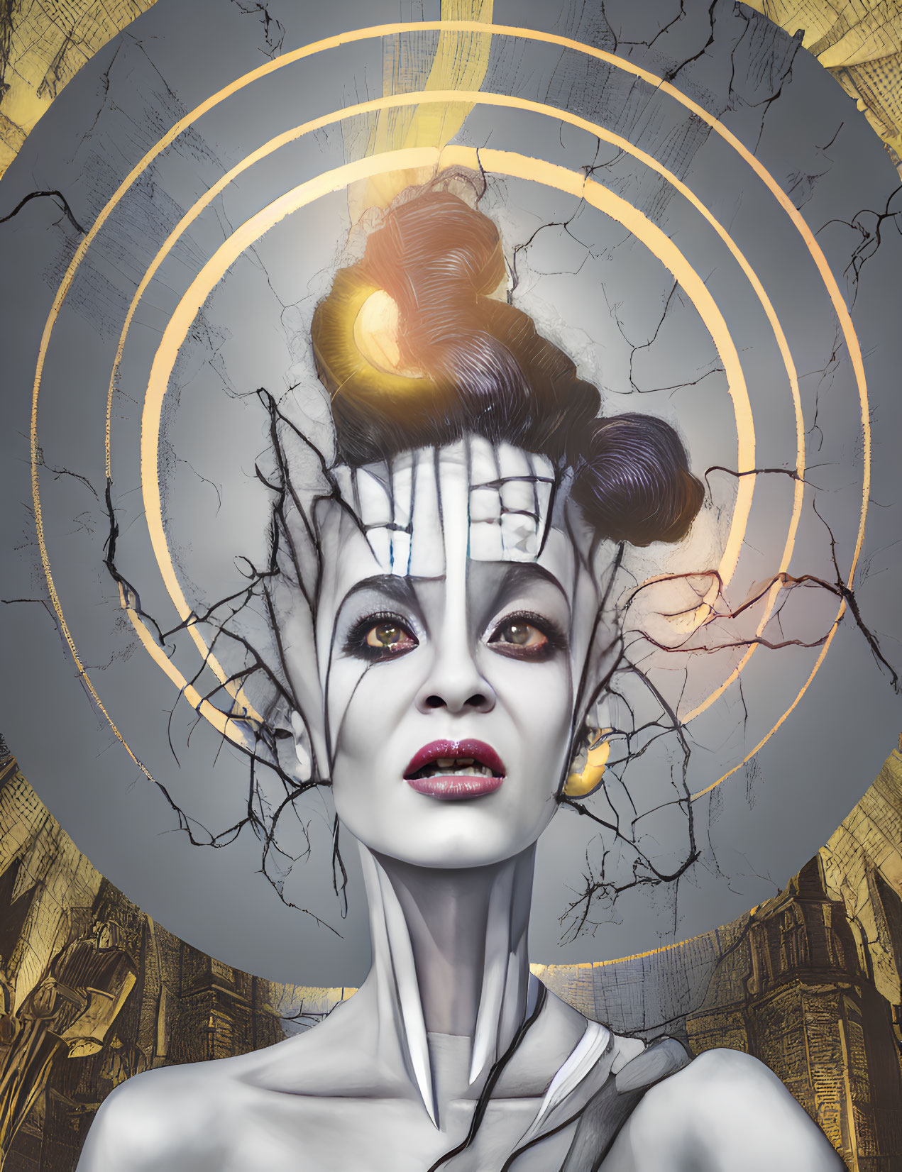 Stylized portrait of woman with white body paint and glowing headpiece