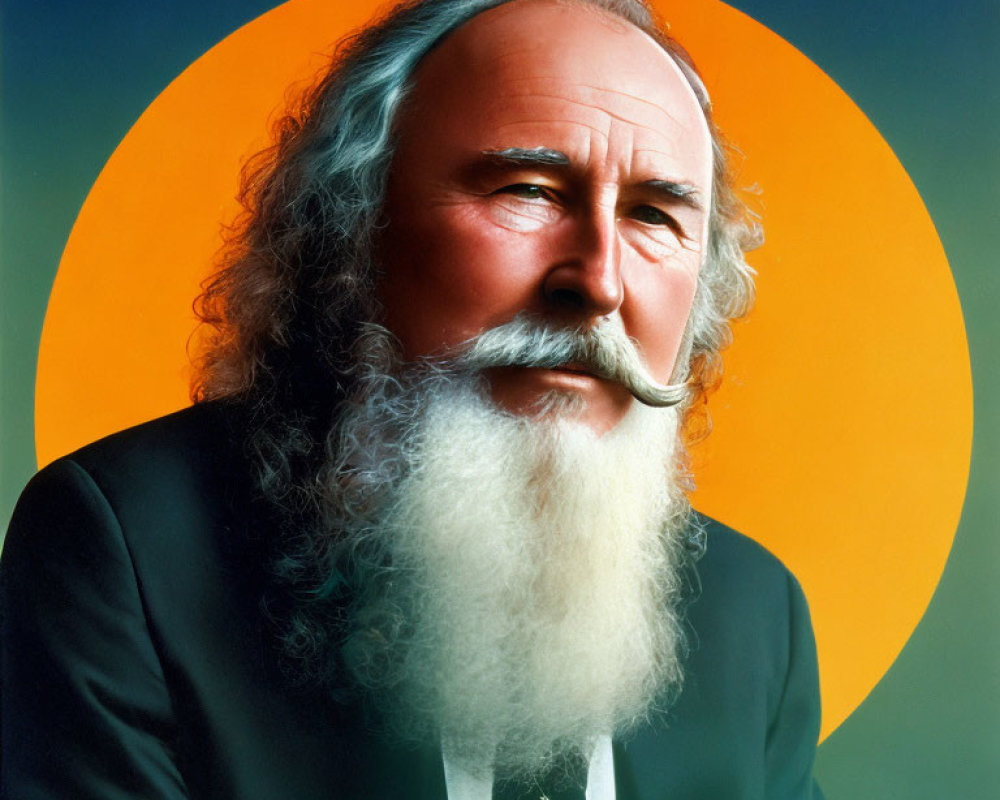 Man with Long White Beard and Suit Against Circular Orange Backdrop