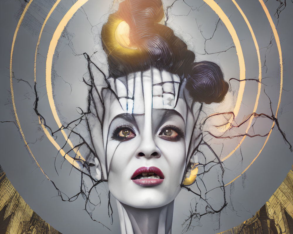 Stylized portrait of woman with white body paint and glowing headpiece