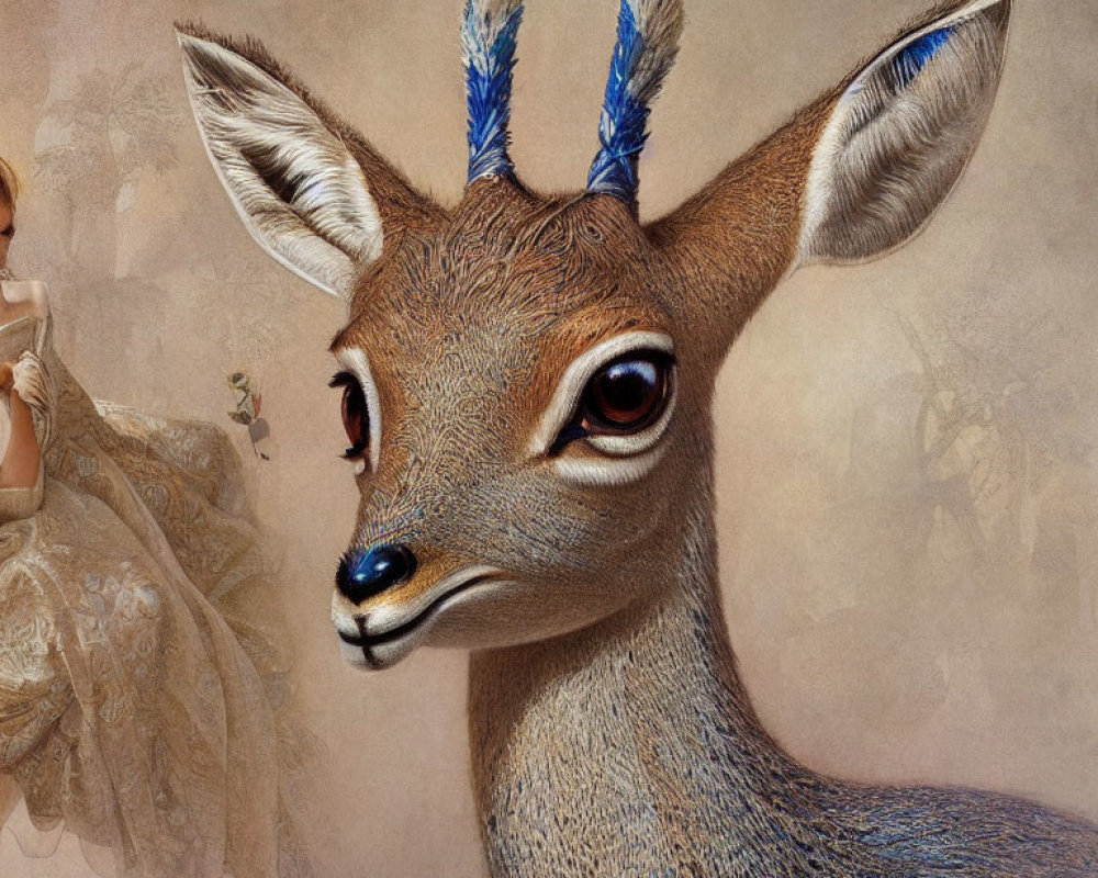 Anthropomorphic deer with expressive eyes and feathered ears on beige background.