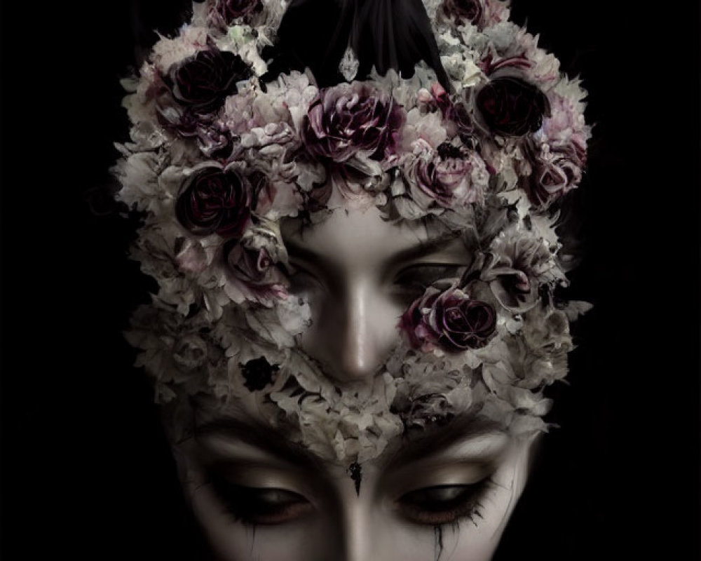Stylized image of figure with floral headdress and dark makeup