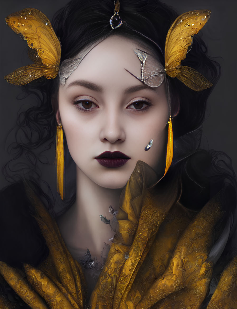 Woman with Striking Makeup and Dark Lipstick Adorned with Gold and Butterfly Accessories