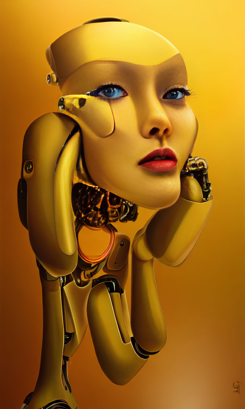 Futuristic female robot with gold body and blue eyes on amber background