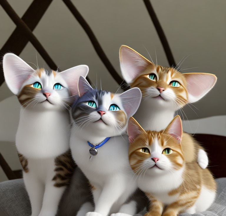 Four animated cats with expressive blue eyes and realistic fur sitting closely together.