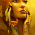 Futuristic female robot with gold body and blue eyes on amber background