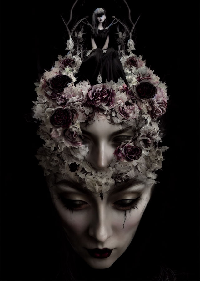 Stylized image of figure with floral headdress and dark makeup