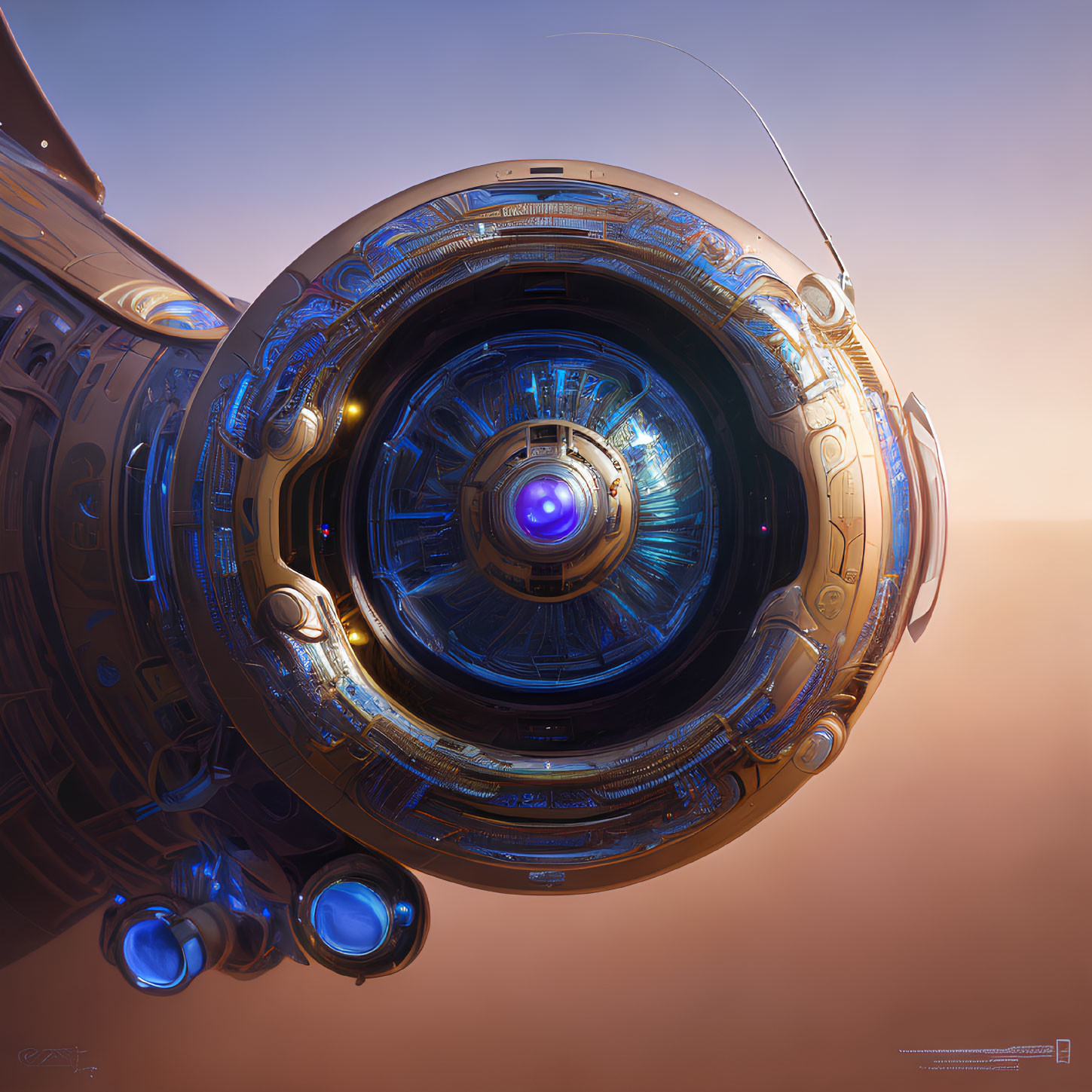 Detailed blue and gold futuristic spaceship above orange planet surface