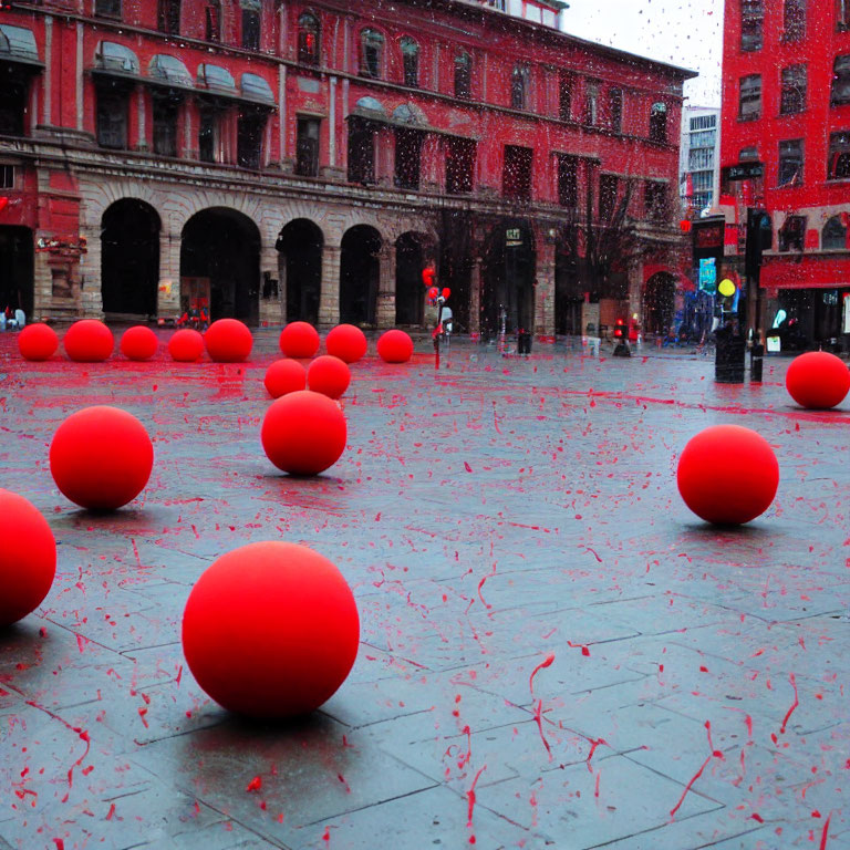 Vibrant red spheres in public square with classic architecture