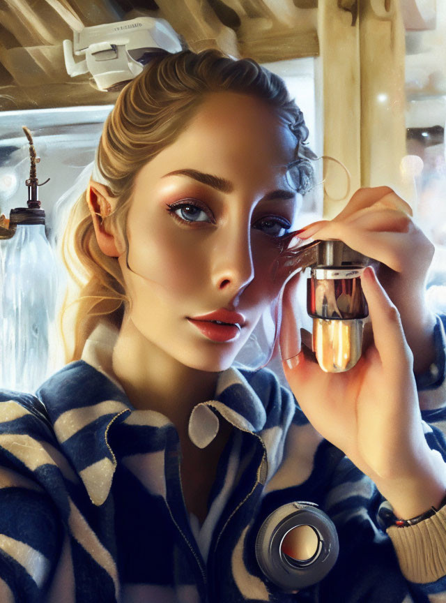 Digital artwork: Female with elf-like ears holding a perfume bottle in warm-toned interior
