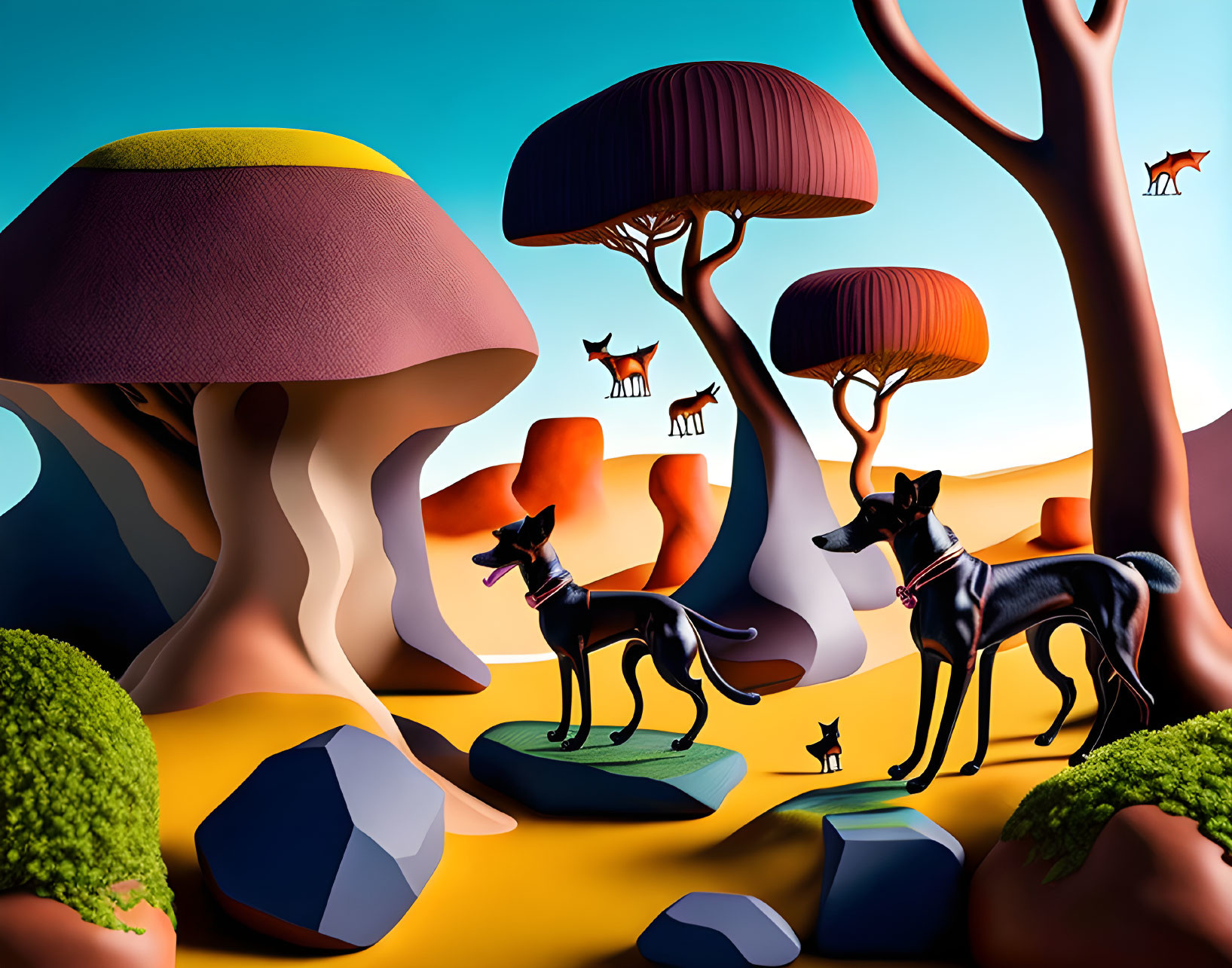 Whimsical landscape with oversized mushrooms, trees, dogs, and creatures