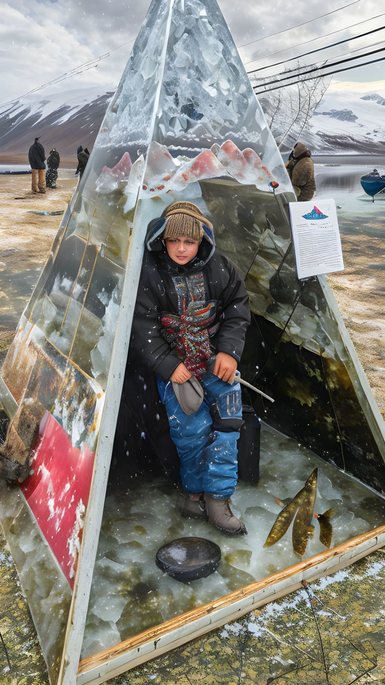 Child ice fishing sculpture against mountain backdrop