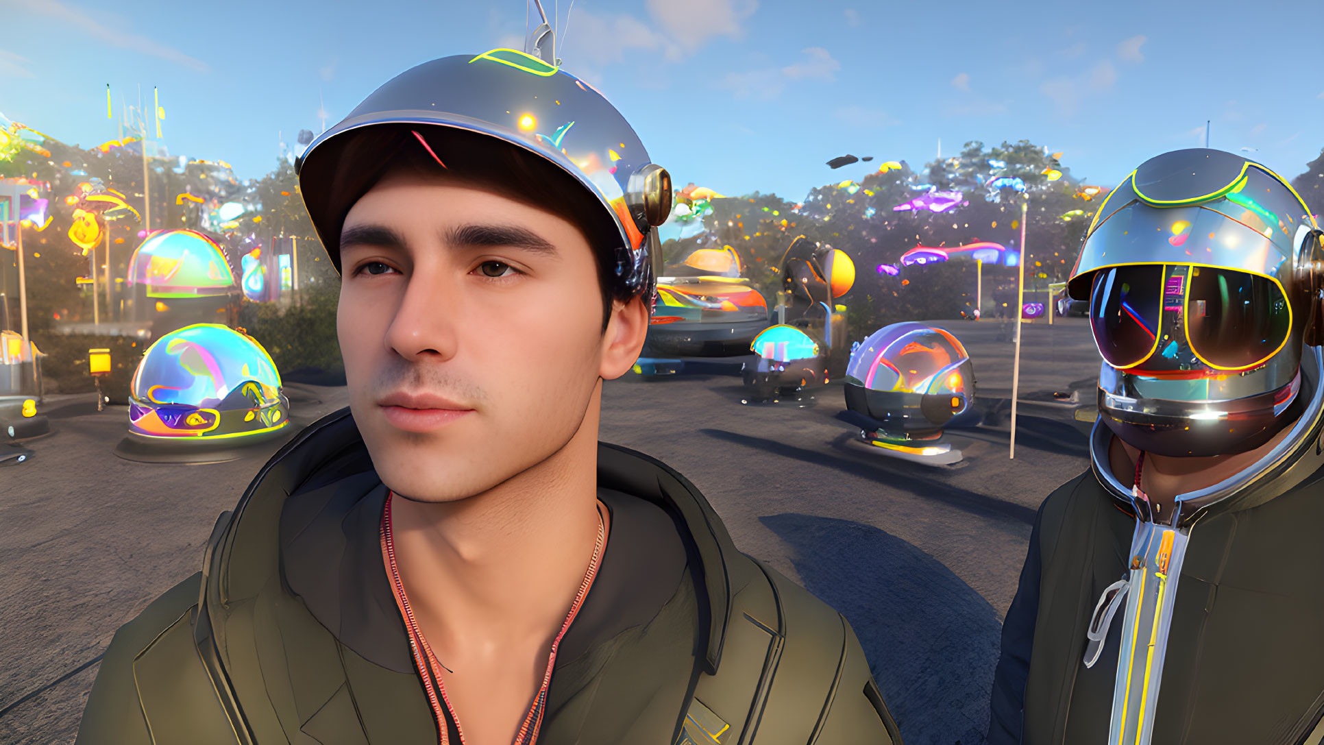 Young man in cap with futuristic helmeted figures and neon-lit structures