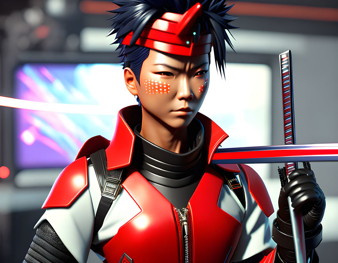 Digital illustration: Character with blue hair, red face paint, futuristic red & white outfit, holding glowing
