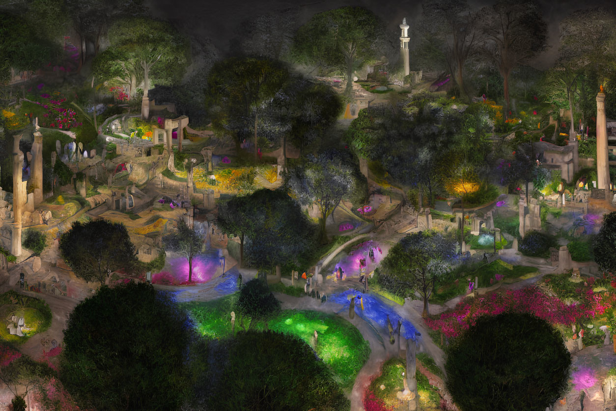 Enchanting nighttime garden with luminous plants, colorful flowers, ancient ruins, and white tower under