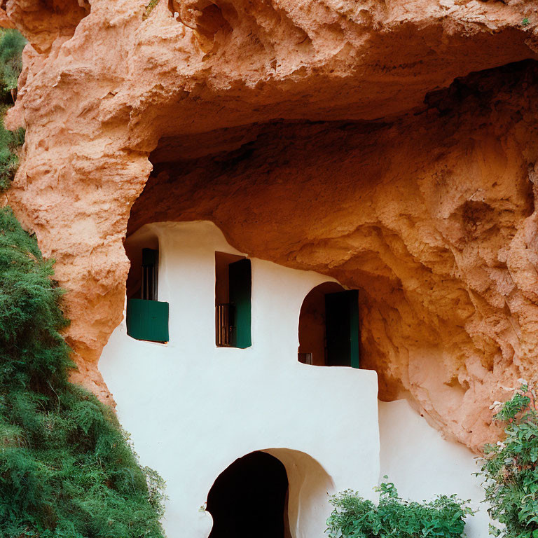 White House with Green Shutters on Red-Orange Cliff in Lush Surroundings