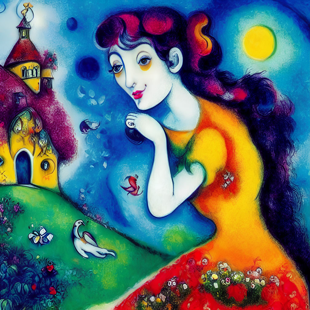 Colorful painting of woman in whimsical scene with dreamy landscape