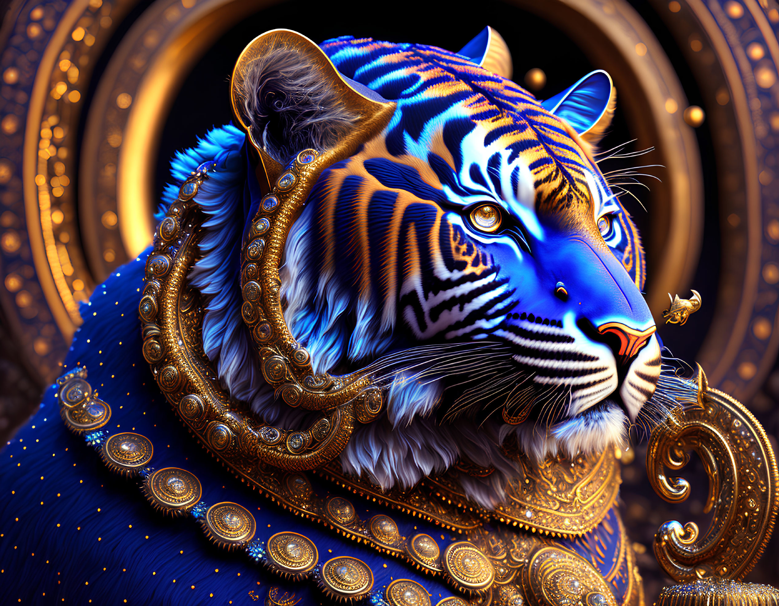 Majestic tiger in gold and blue armor on intricate background