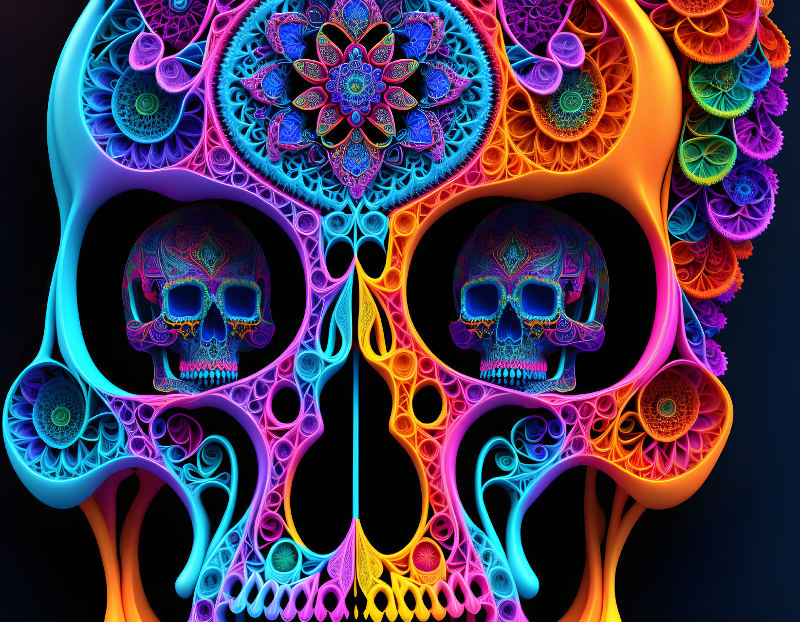 Neon-colored mandala patterns with interconnected skulls on dark background