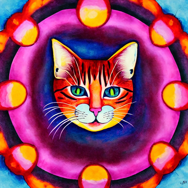 Colorful Watercolor Cat Face Painting in Purple and Red Circles