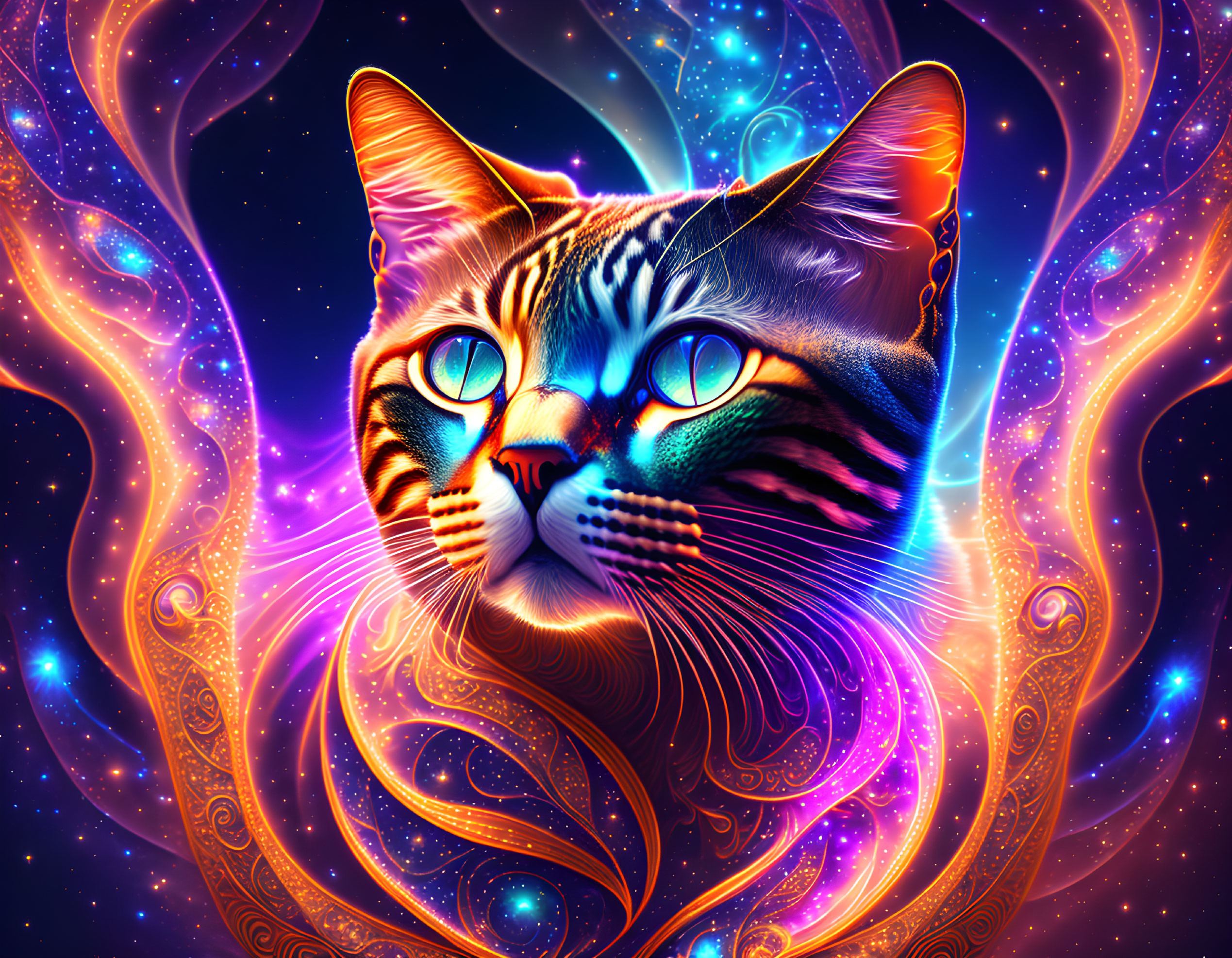 Colorful cosmic cat with blue eyes in neon patterns on dark space background
