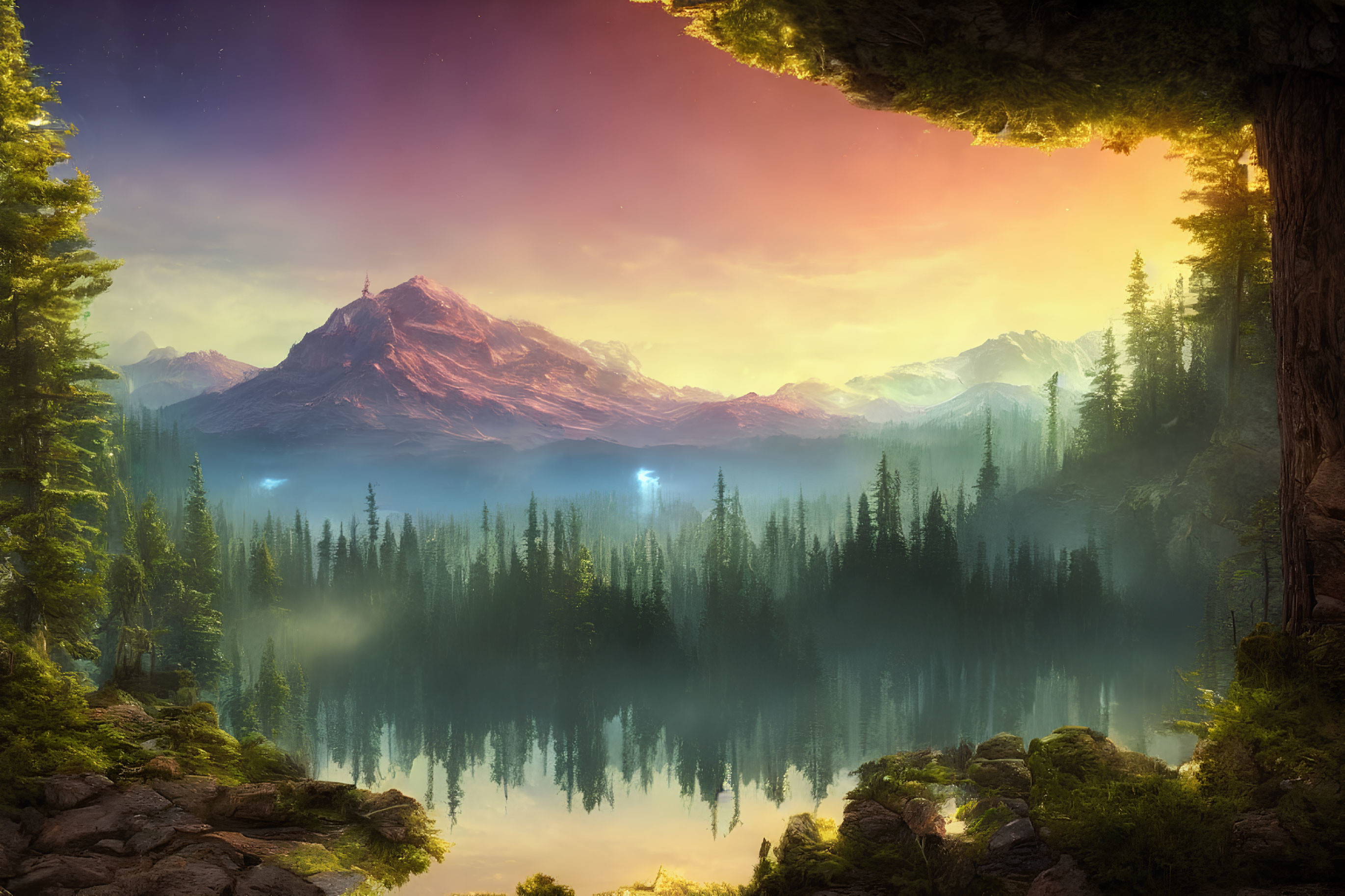 Tranquil landscape with forest, reflective lake, mist, mountains, twilight sky, vibrant clouds.