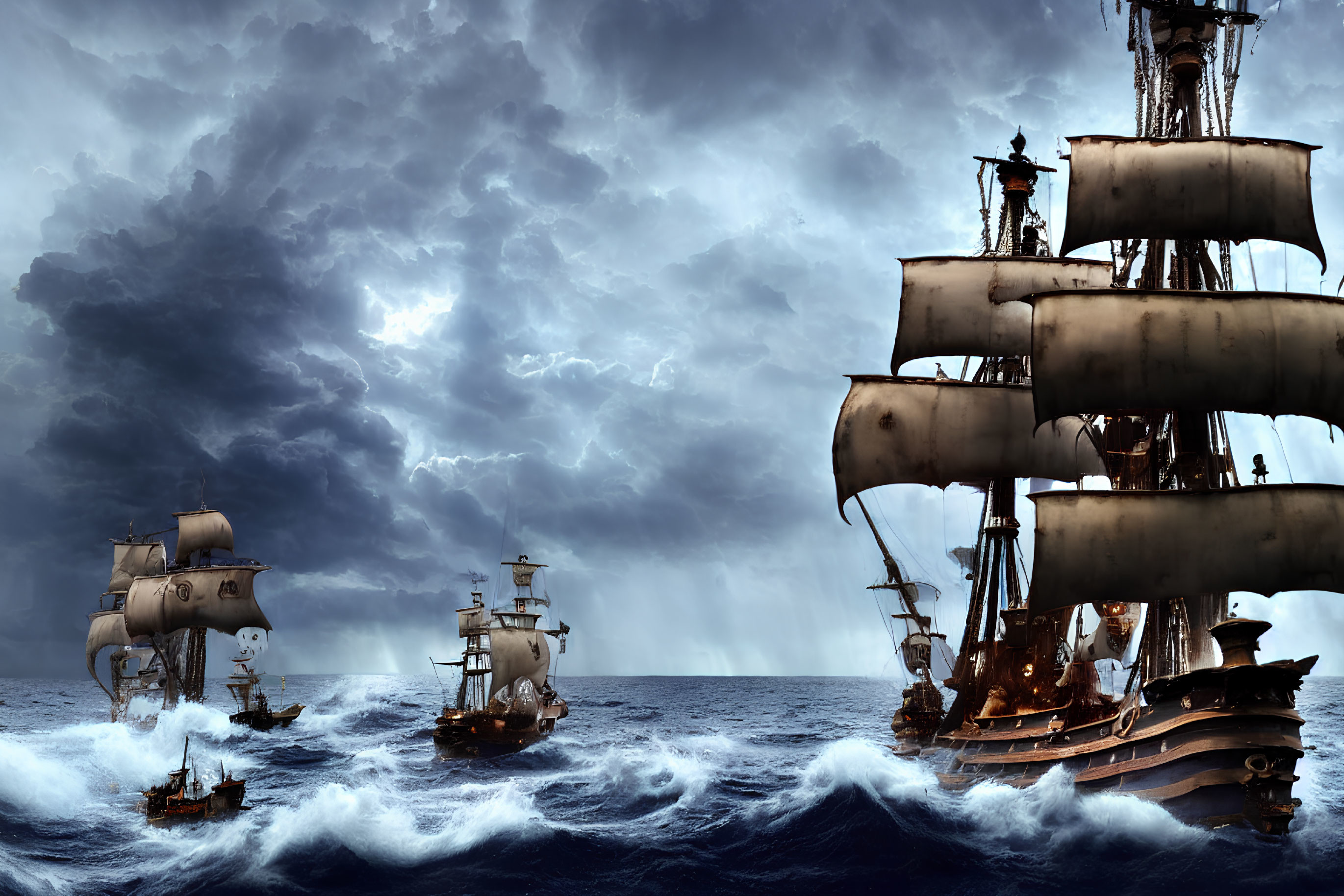 Tall Ships Sailing in Stormy Seas