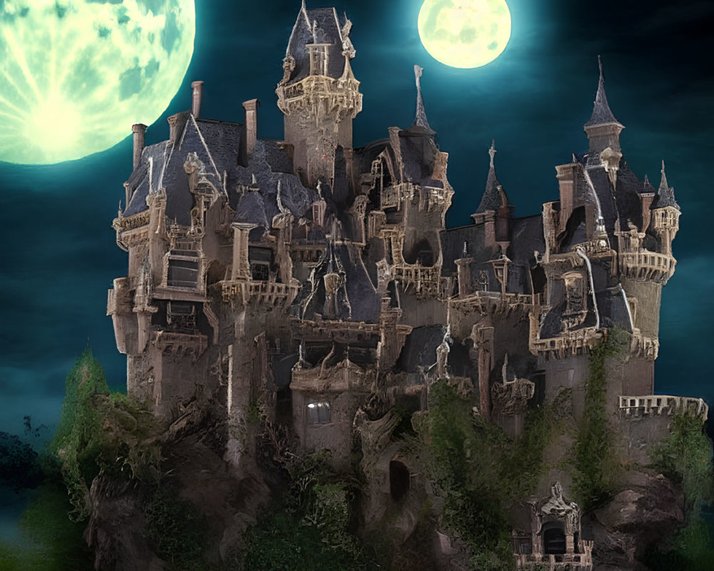 Gothic castle on rugged hill under green-tinted moon