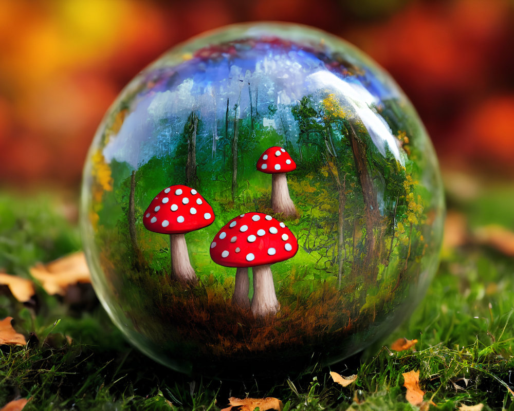 Reflective Sphere on Grass Showing Painted Forest Scene with Red-Capped Mushrooms