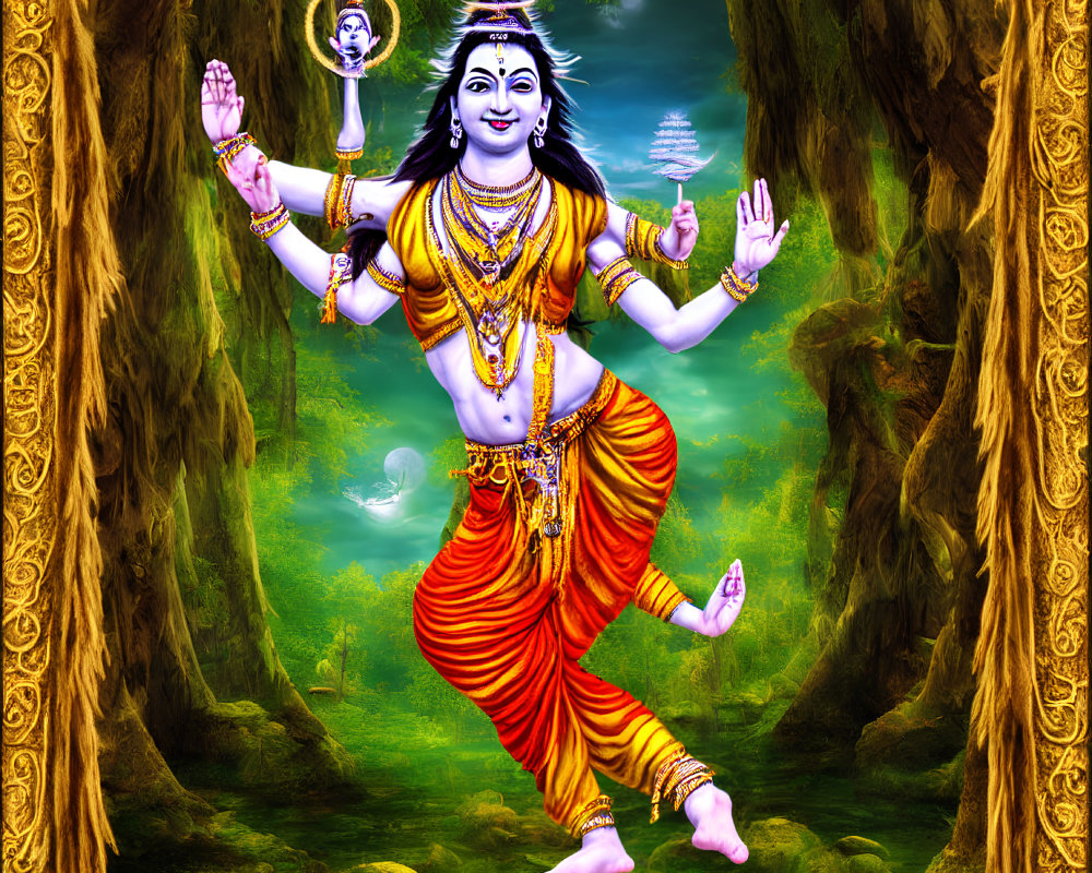 Colorful depiction of a four-armed deity dancing in a forest