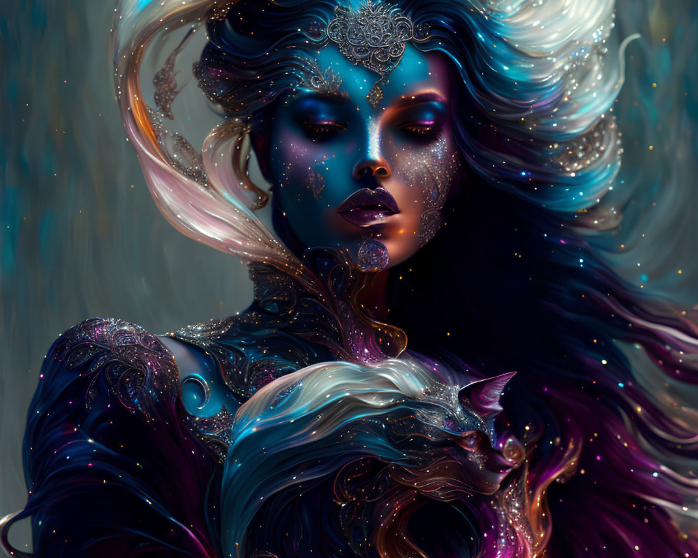Blue-skinned woman with multicolored hair and ornate headpiece in cosmic setting