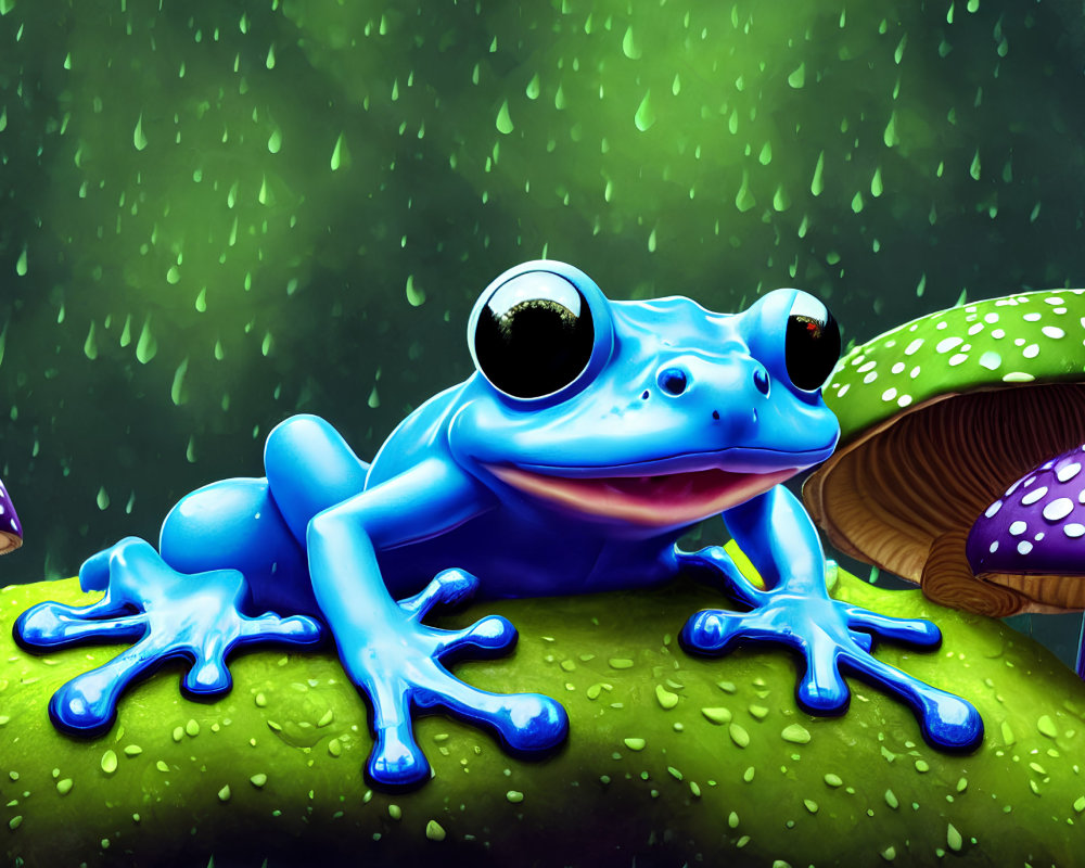 Colorful Illustration: Smiling Blue Frog on Leaf with Mushrooms & Raindrops
