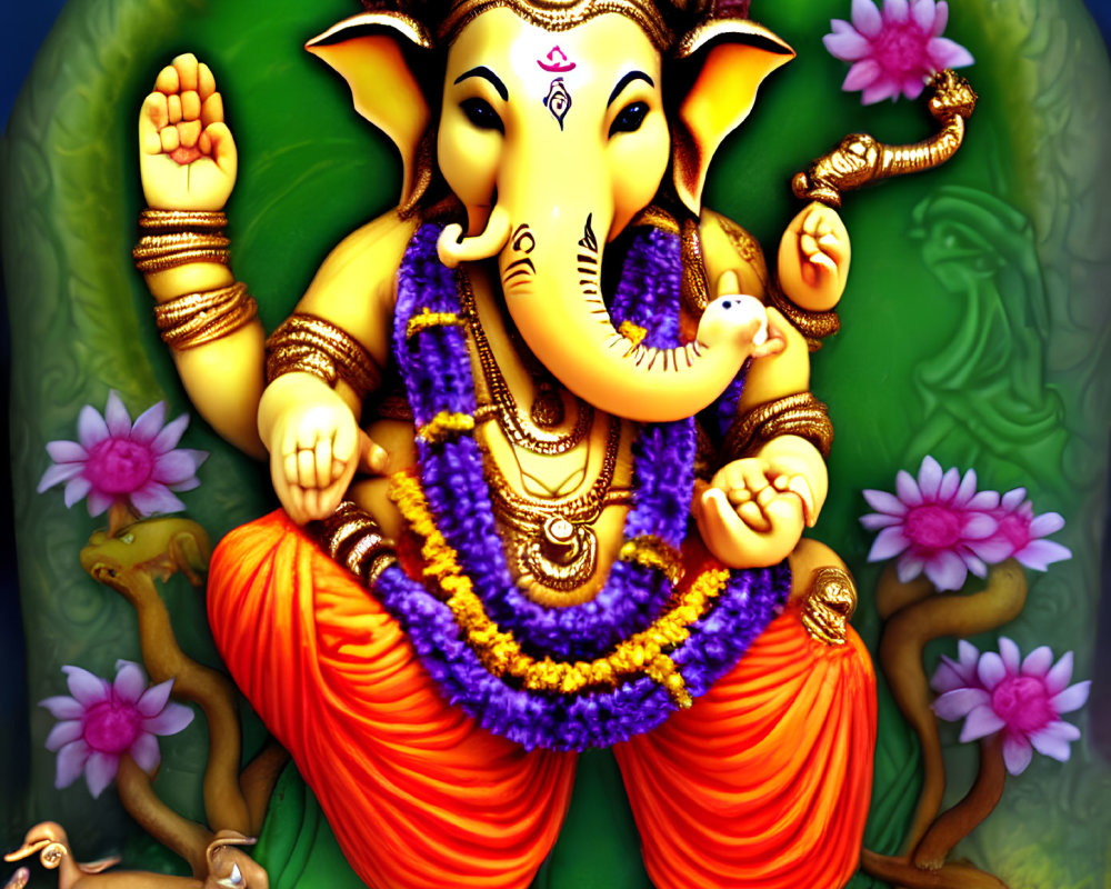 Traditional Lord Ganesha Illustration with Four Arms and Lotus Flowers