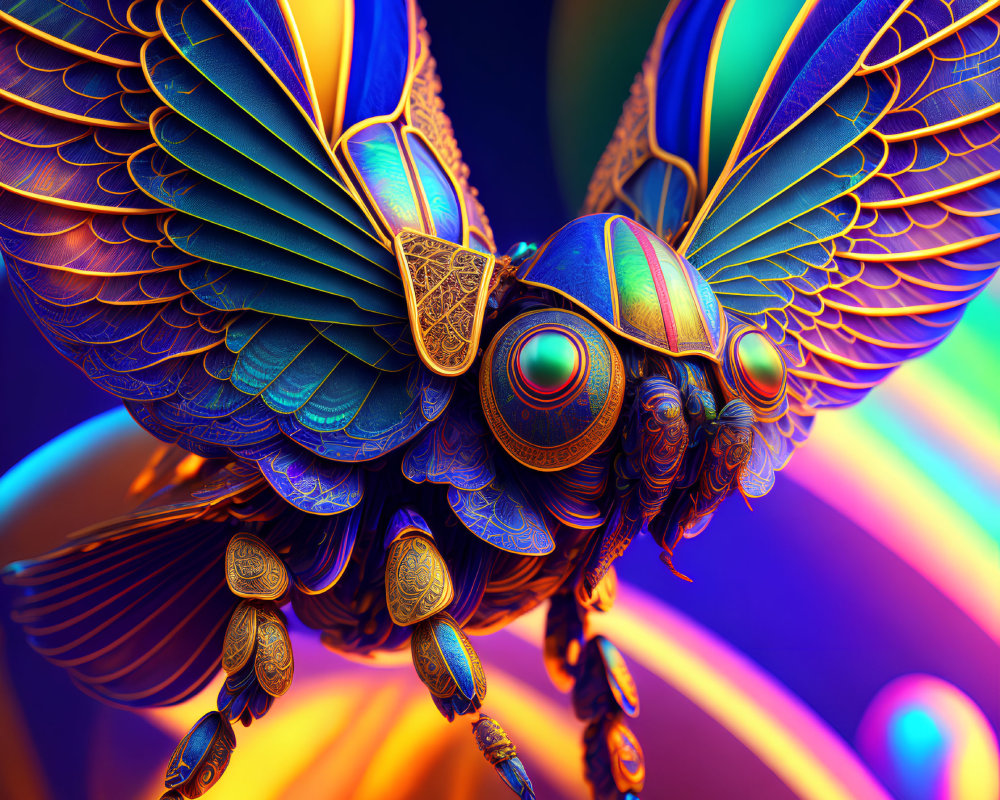 Colorful Digital Artwork: Mechanical Bird with Iridescent Wings