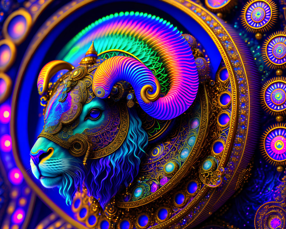 Colorful digital artwork: Blue and gold stylized ram on mandala background