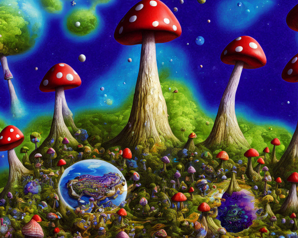 Colorful fantasy landscape with oversized mushrooms and lush greenery under a starry sky